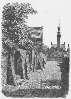 Dirk van Gelder, straatje naar stadhuis Veere, houtgravure. Niet gesigneerd. Afm. 12 x 9cm. Prijs € 95,-