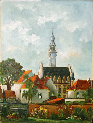 Jager. Kunstschilder, olieverf schilderij. Stadhuis Veere vanaf het Oranjeplein. Verkocht.