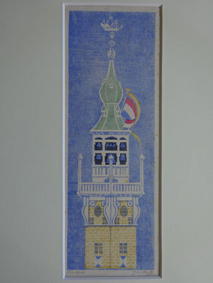 Jan Heyse Veere, toren van stadhuis. Linoleumsnede. Gesigneerd r.o en handdruk (links). Afm. 25,5 x 9cm. Verkocht.