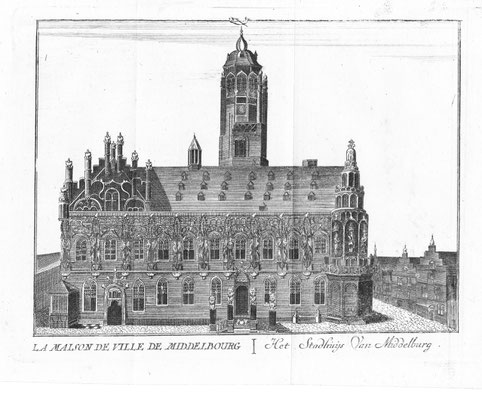 Stadhuis Middelburg. 15 x 19cm. Kopergravure uit 'Les délices des Pais-Bas' uitgegeven door Jean-Baptiste & Petrus Foppens. 1786. € 45,-