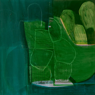 " Flüstern im Moos", 50x50, Acryl, Tusche, Ölkreide a. Leinwand, 2022