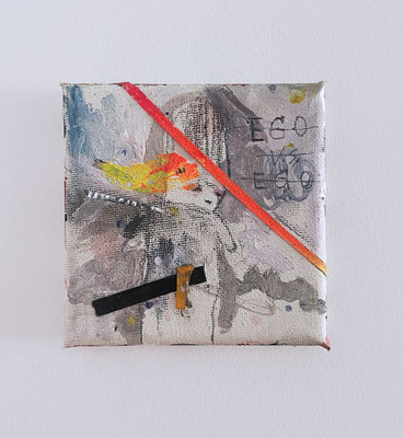 Marc Jung, 2011, small town boys wollen auch nur spielen, mixed media on canvas, 10 x 10 cm 