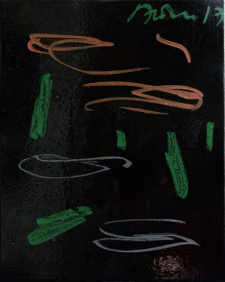 "stage" 1-7, je 50x40cm, Hinterglasfarbe auf Bitumen poliert, 2017