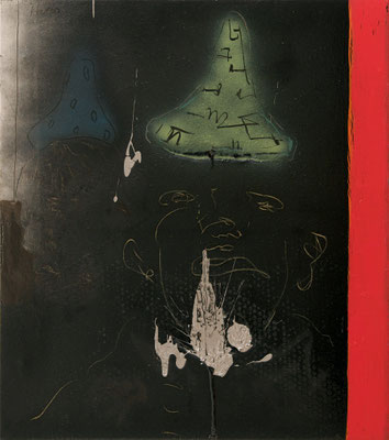 “Ethnologen der Kunst“, 92x52cm, Mischtechnik / Bitumen auf LW, 2014