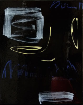 "stage" 1-7, je 50x40cm, Hinterglasfarbe auf Bitumen poliert, 2017