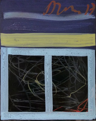 "stage" 1-7, je 50x40cm, Hinterglasfarbe auf Bitumen poliert, 2017