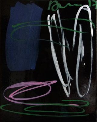 "stage" 1-7, je 50x40cm, Hinterglasfarbe auf Bitumen poliert, 2017