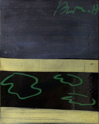 "stage" 1-7, je 50x40cm, Hinterglasfarbe auf Bitumen poliert, 2017