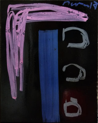 "stage" 1-7, je 50x40cm, Hinterglasfarbe auf Bitumen poliert, 2017
