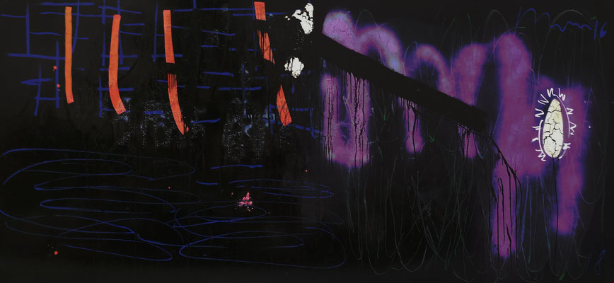 "I.H.S", 310x150cm, Hinterglasfarbe, Öl, Sprühlack, Bitumen (poliert) auf Leinwand, 2016-2018