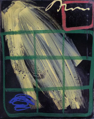 "stage" 1-7, je 50x40cm, Hinterglasfarbe auf Bitumen poliert, 2017