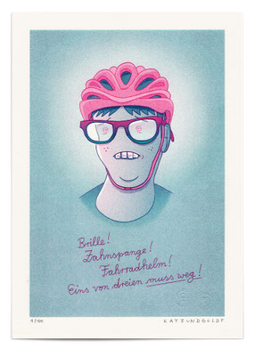 Risographie "Brille! Zahnspange! Fahrradhelm! Eines von dreien muss weg!"