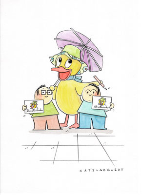 Originalzeichnung "Katz & Goldt bekommen ein Autogramm von Schnatterinchen"