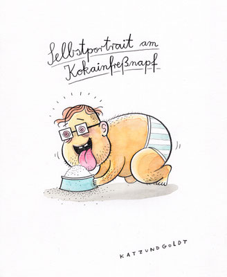 Originalzeichnung "Selbstportrait am Kokainfreßnapf"