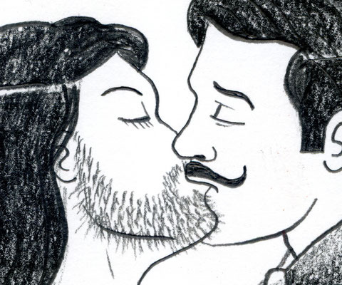 Originalzeichnung "Mann mit falschem Bart küsst Frau mit echtem Bart"