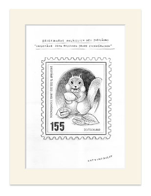 Originalzeichnung "Briefmarke anläßlich des Jubiläums "Ungefähr zehn Millionen Jahre Eichhörnchen""