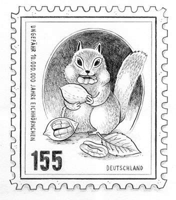 Originalzeichnung "Briefmarke anläßlich des Jubiläums "Ungefähr zehn Millionen Jahre Eichhörnchen""