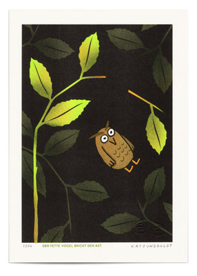Risographie "Der fette Vogel bricht den Ast"