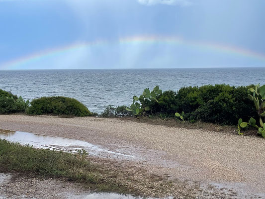 am Abend kommen wir an unserem Stellplatz bei Porto Corallo an - und ein grosser Regenbogen empfängt uns