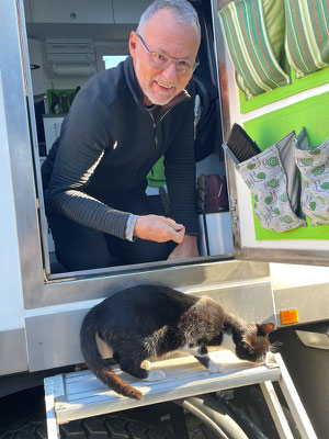bereits am ersten Tag werden wir von einer Katze adoptiert - die natürlich auch täglich ihre Ration Brekkies bekommt ;-)