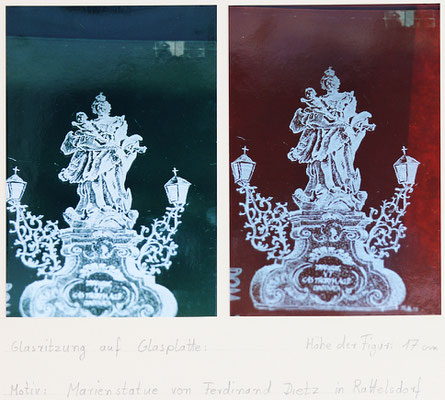 Fensterglas Ritzung, Marienstatue v. Ferdinand Dietz, aus meiner Ortschaft Rattelsdorf / 1980