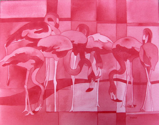 Pink Flamingos - watercolour on canvas - line study abstracted - gifted