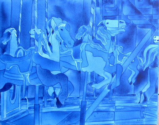 Blue Horses - watercolour on canvas - line study abstracted - sold