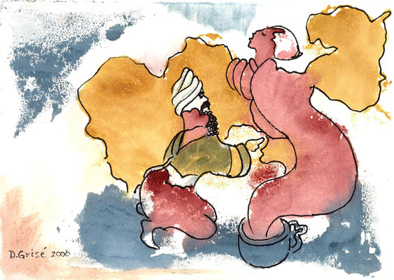 The Genie -  watercolour & ink mono print  -   5x7 on 8x10 mat board      -  $ 75.    To purchase or view, please contact me.