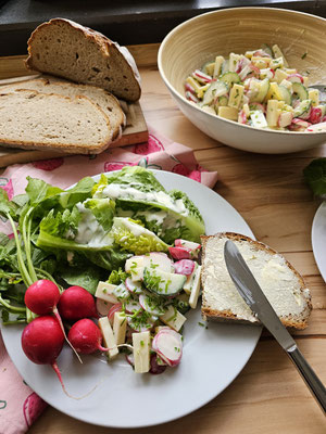 Cremiger Radieschensalat mit Gouda, Gurke und Blattsalat 