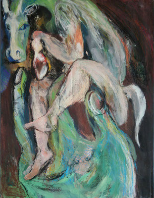 main et cheval vert - acrylique sur papier - 65 x 50 cm