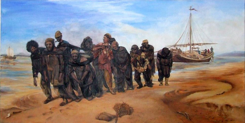 Kopistik Ilja Repin- Die Wolgatreidler, Acryl auf Leinwand, 60x100cm