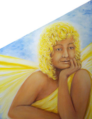 Dachgauben Dreieck, Engel in gelb, Acryl auf Holzplatte, 70x110cm
