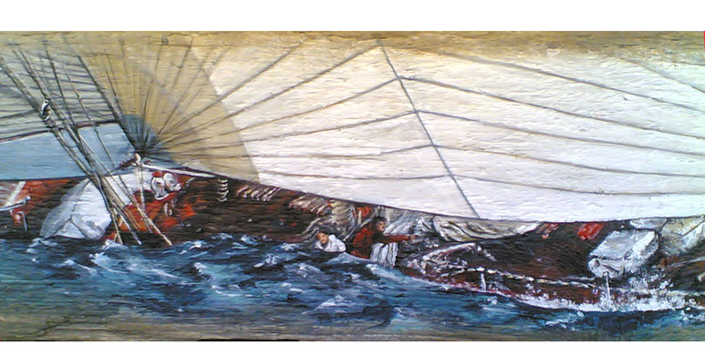 "Segeltörn", Acryl auf Holzplanke, 120x 20cm