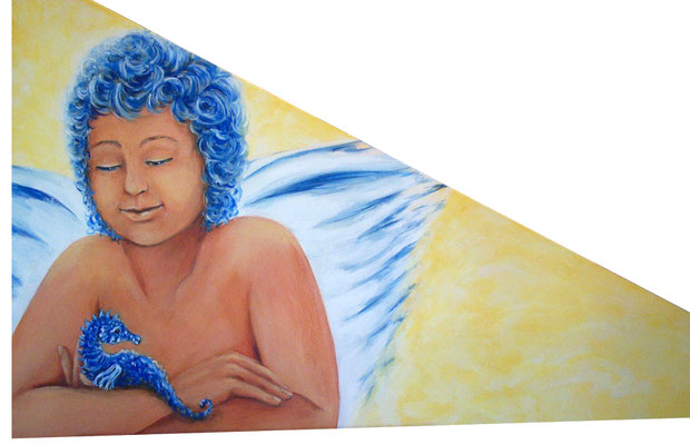 Dachgauben Dreieck, Engel in blau, Acryl auf Holzplatte, 70x110cm