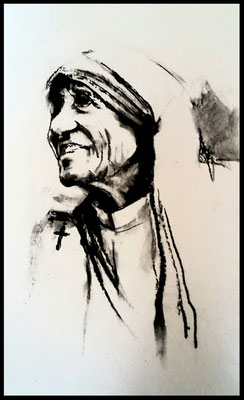 Mutter Teresa / Zeichenkohle auf Papier 30x24cm / Preis mit Rahmen 280.- Euro