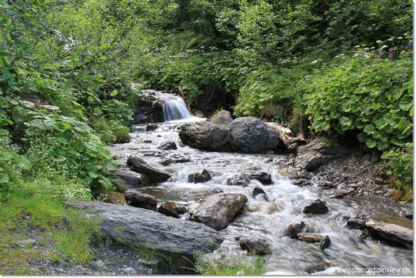 Der Staubbach; ein bisschen weiter unten der eindrückliche Staubbachfall bei Lauterbrunnen.