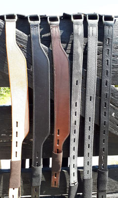 FF Bügelriemen, flach am Klettaufsatz fixiert, schmal € 130, schmal komplett durchgelocht €138 / Breite Riemen+ 2Loch €138