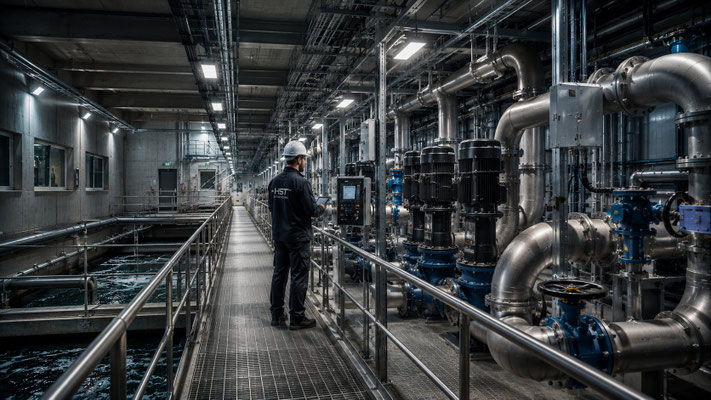 Explosionsgeschützte Langfeldbeleuchtung in Technikgängen von Pumpstationen