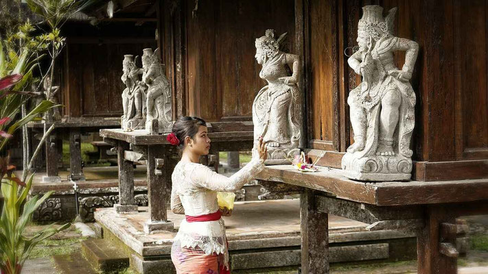 A young girl bringing her canang sari offering to a temple with gentle devotion.