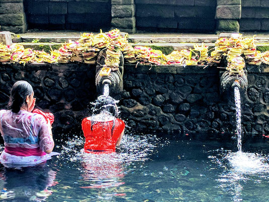Ceremonial prayers and offerings at Tirta Empul’s holy spring.