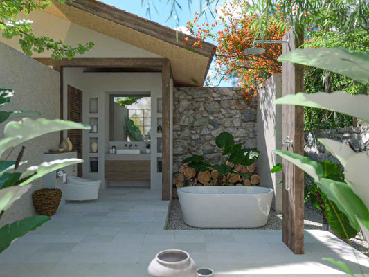Master bathroom partially open with bathtub