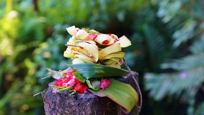 Canang sari offering with flowers and incense