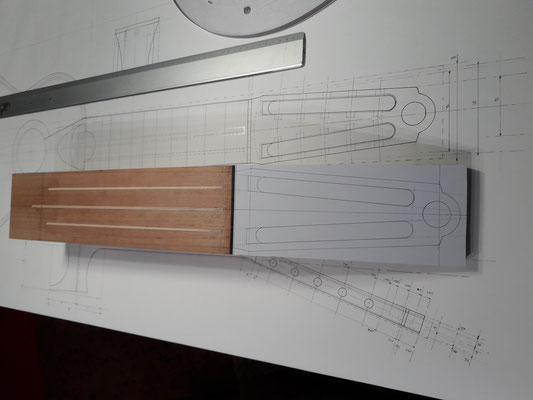 View of the on-site study of the proportions of the headstock of a 10-string guitar