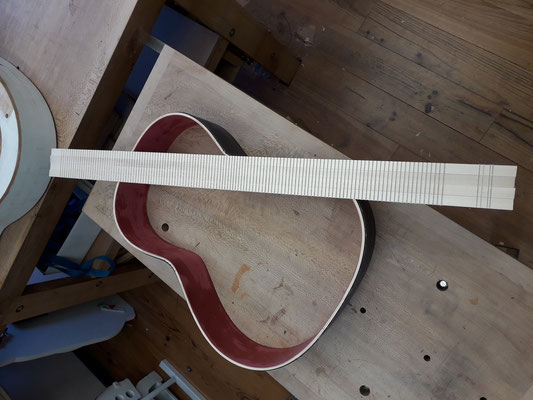 View of the sides and back strips that will be glued to the soundboard side
