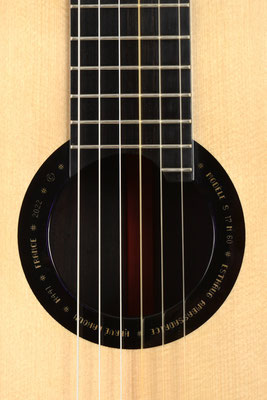 Details of the alphanumeric motifs on the Esthaug Ambassadrisse guitar by H441 Hervé Lahoun