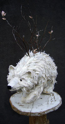 Polar Bear - Paper maché base with fabric scraps and tree branches