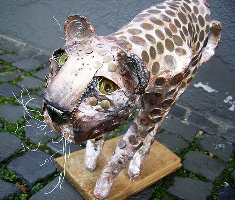 Cheetah - Paper maché, copper coins, wire, beads [SOLD]