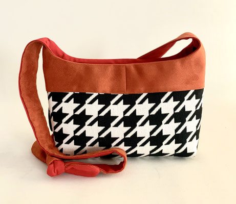 Bandoulière Moyen Modèle Tissu N&B pied de poule Alcant orange inter rouge