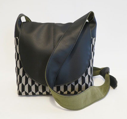 Besace PM Tissu petits losanges N&B + Skaï noir