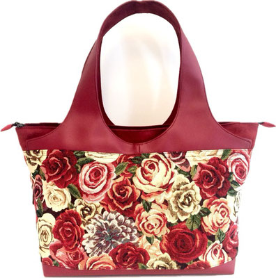 Shopper Grand Modèle  tissu Roses skaï et alcantara rouge